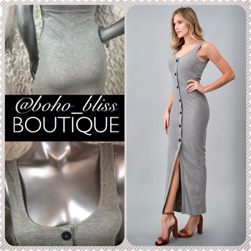 Gray Sleeveless Stretch Button Maxi Dress NEW NWT